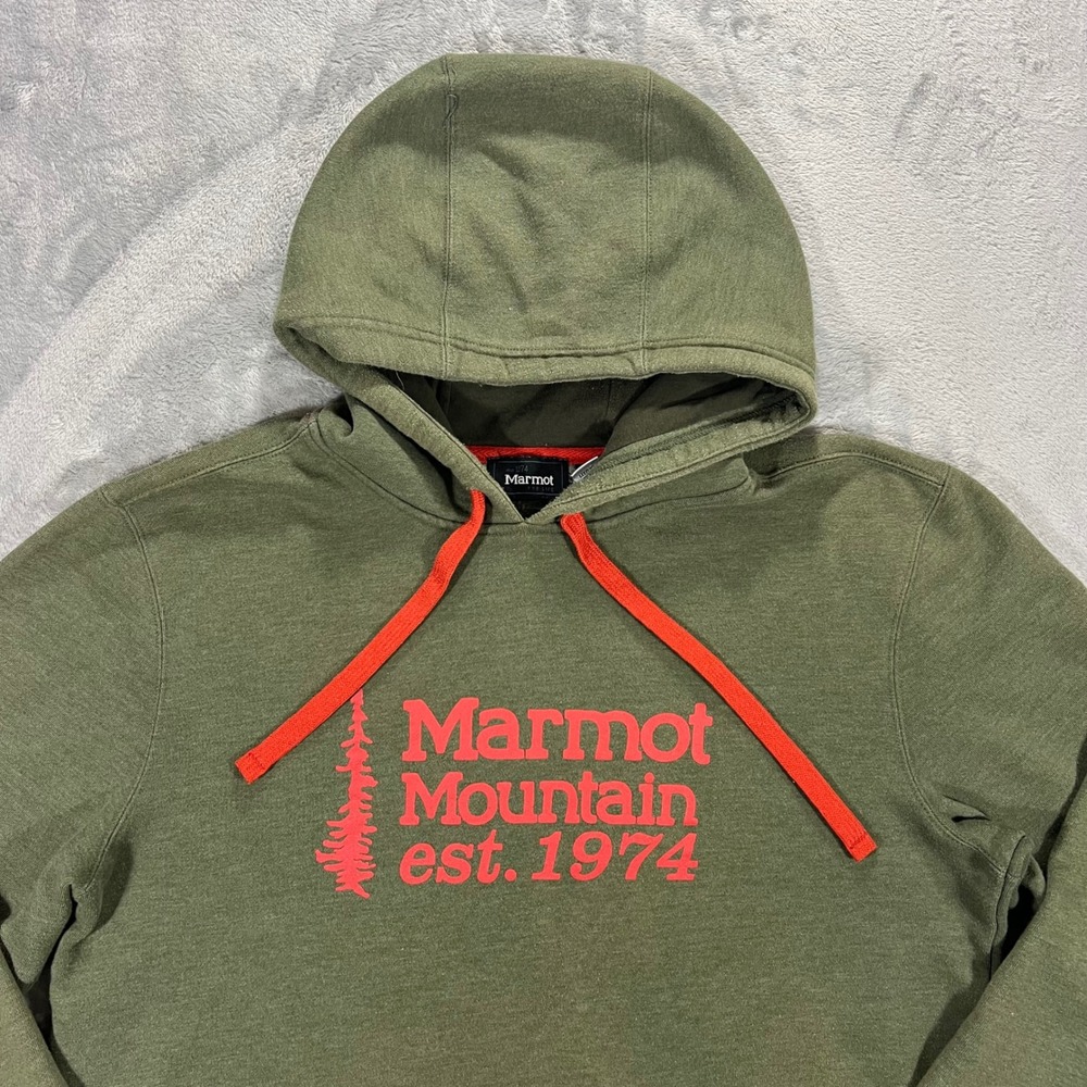 MARMOT Pullover Hoodie Mens Large Green Graphic Print Outdoor Earth Hiking Camp